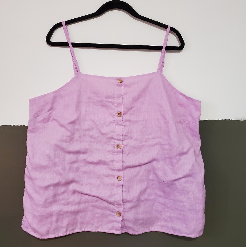 Pink Button-Front Linen Blend Tank Top